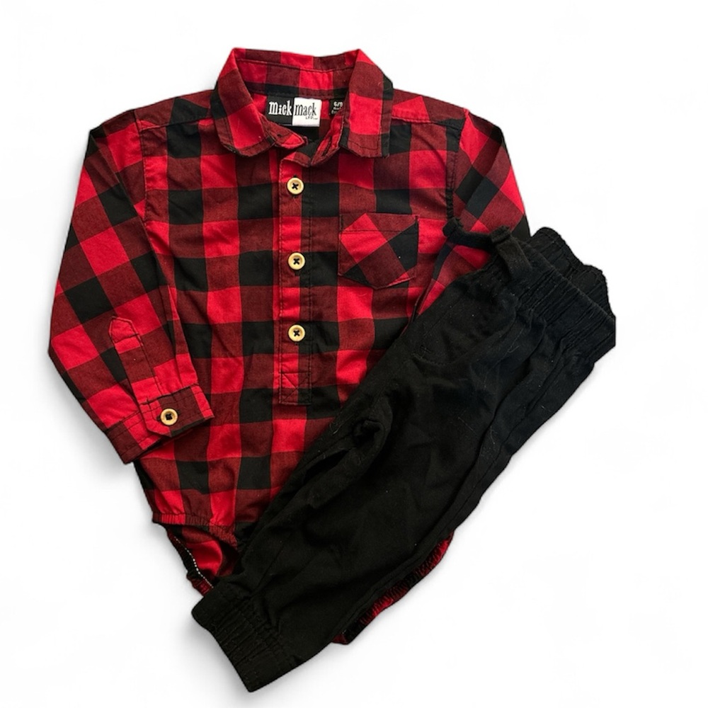 Mick Mack red black plaid button up with black pants Size 6-9 Months